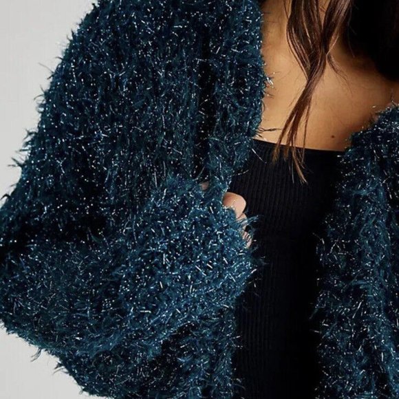 Free People Fuzzy Sparkle Bowen Cardi Cardigan Sz but fits M - L , Emerald Sea - Picture 3 of 6